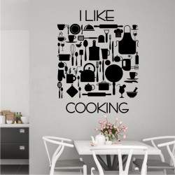 Naklejka z cytatem „I like cooking” i kuchennym zestawem graficznym