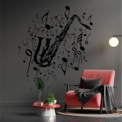 Jazzowa naklejka z saksofonem i wirującymi nutkami – artystyczny klimat.